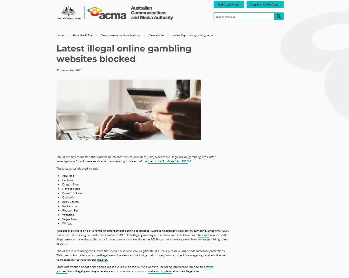 ACMA notice listing Vegas Now in the 11 December 2025 blocking action